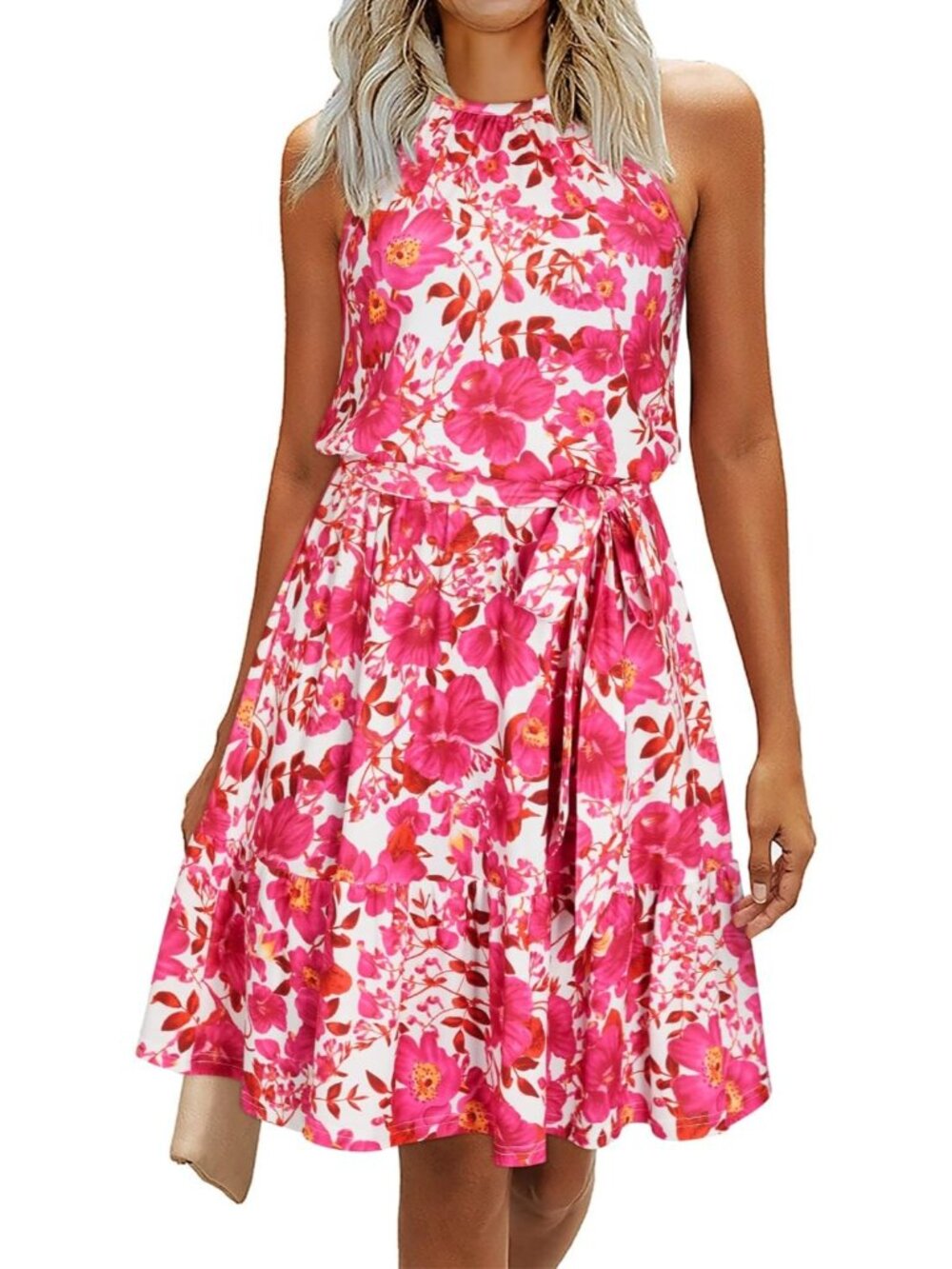 Women's Pink Floral Fashion Summer Halter Dresses Sleeveless Ruffle Sundress